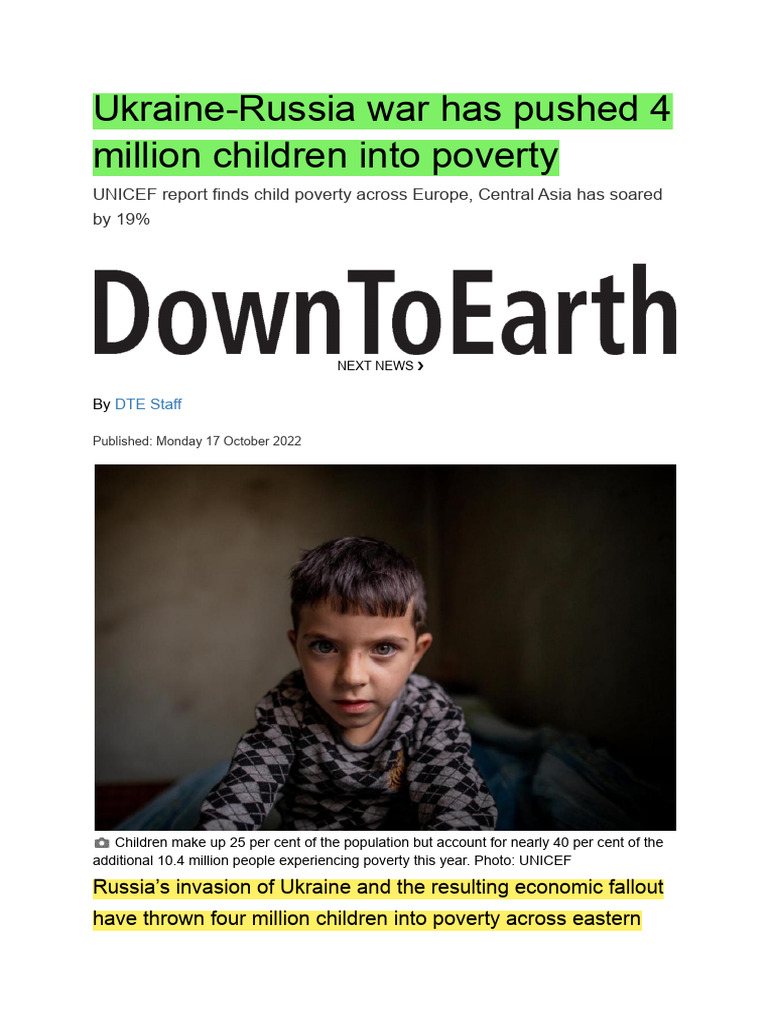 Ukraine Russia War Has Pushed 4 Million Children Into Poverty | PDF