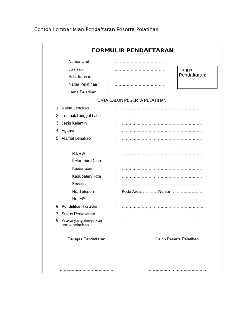 Contoh Formulir Pendaftaran Peserta Pelatihan | PDF