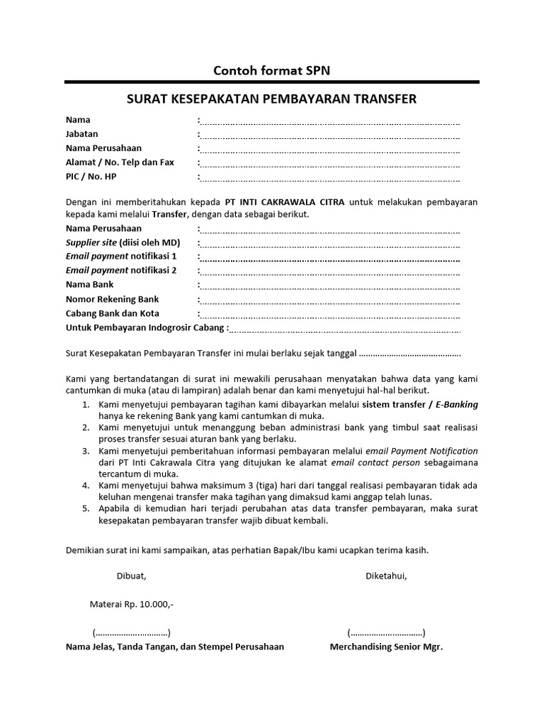 Contoh Format SPN Surat Kesepakatan Pembayaran Transfer | PDF