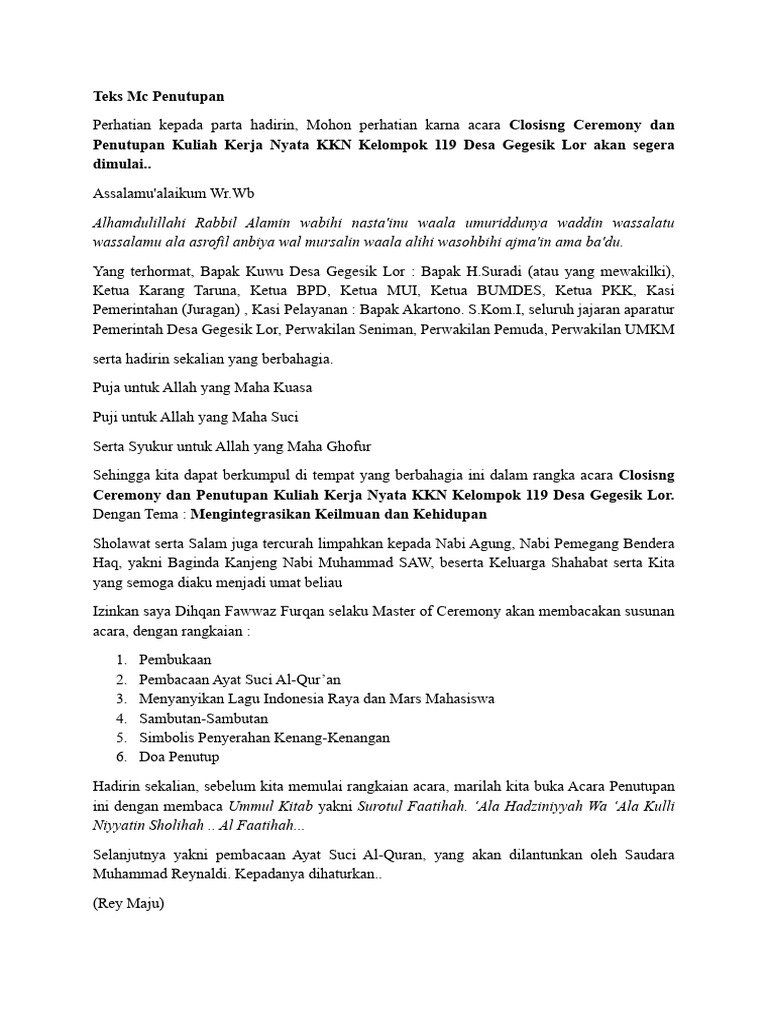 Teks MC Penutupan | PDF