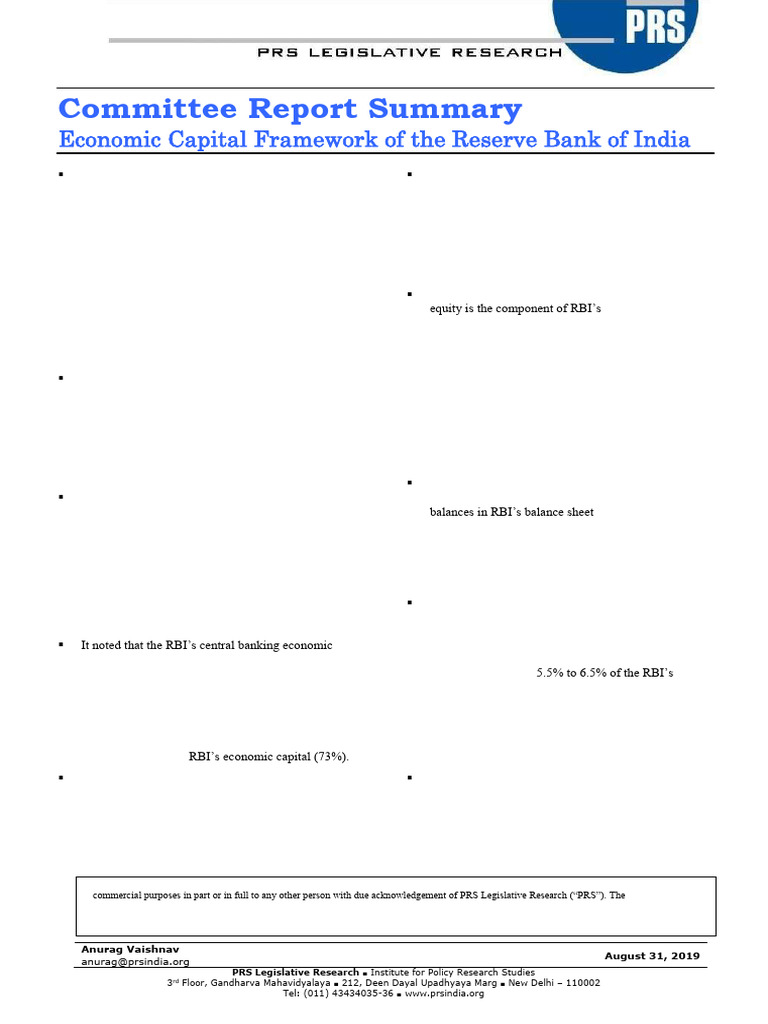 Committee Report Summary - Extant Capital Framework of RBI | PDF