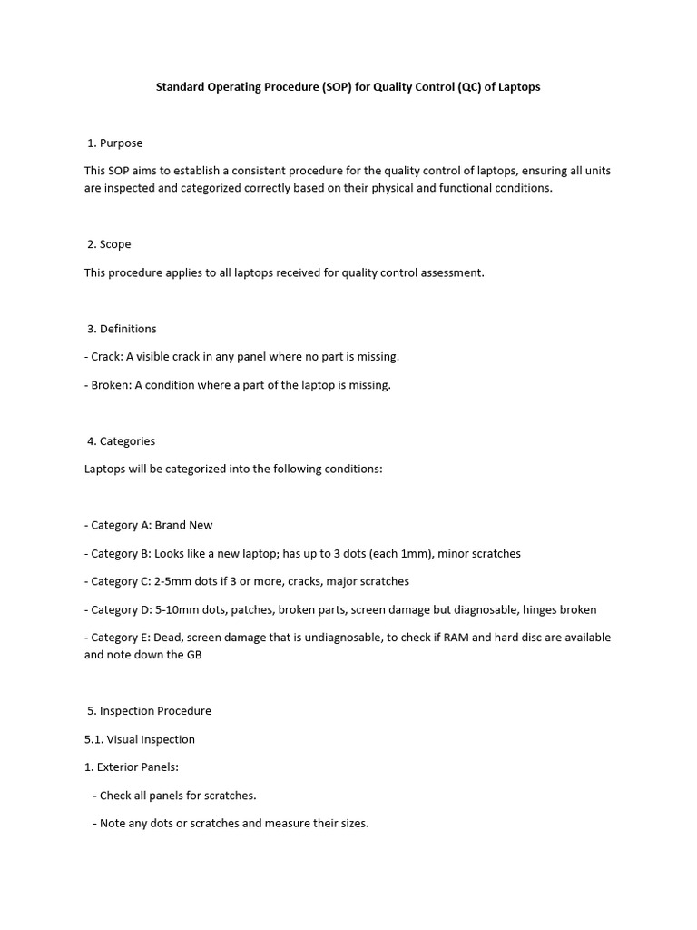 Laptop Quality Control SOP Guide | PDF | Laptop | Computing