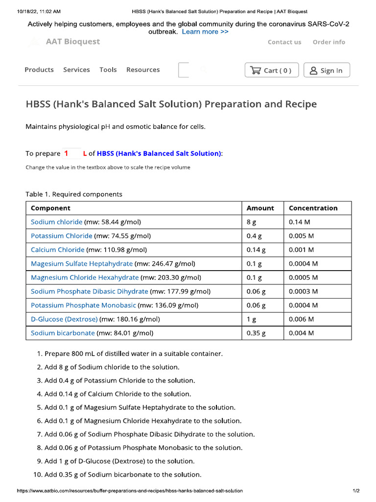 HBSS (Hank - S Balanced Salt Solution) Preparation | PDF