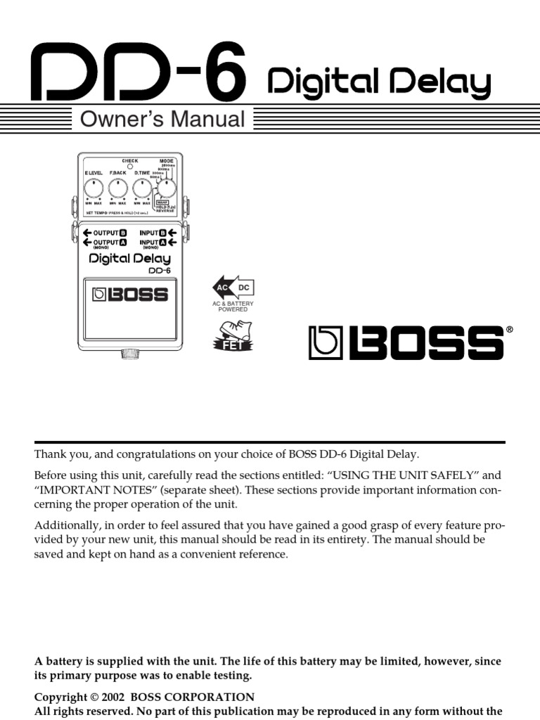 【箱・説明書付】BOSS Digital Delay DD-6 Manual Boss DD-6 - Om - 240818 - 144631 | PDF
