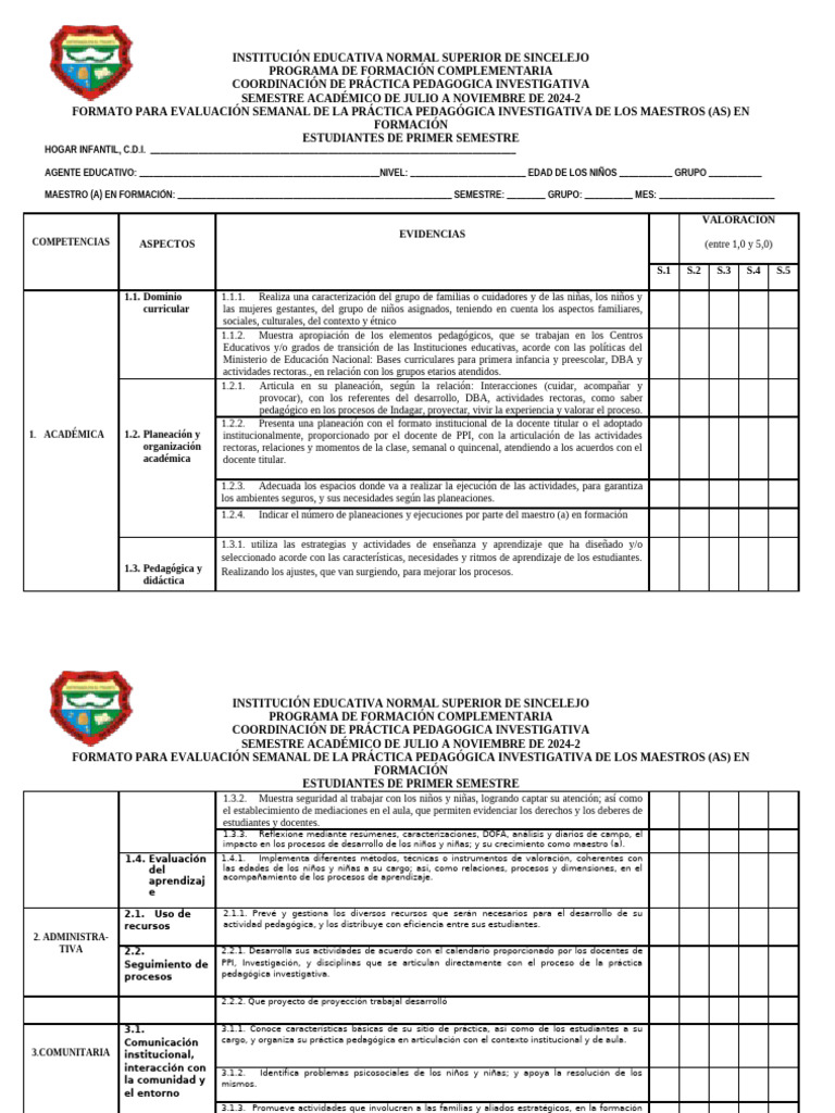 FORMATO DE EVALUACIÓN SEMANAL ESTUDIANTES PRIMER SEMESTRE 2024-2 ...