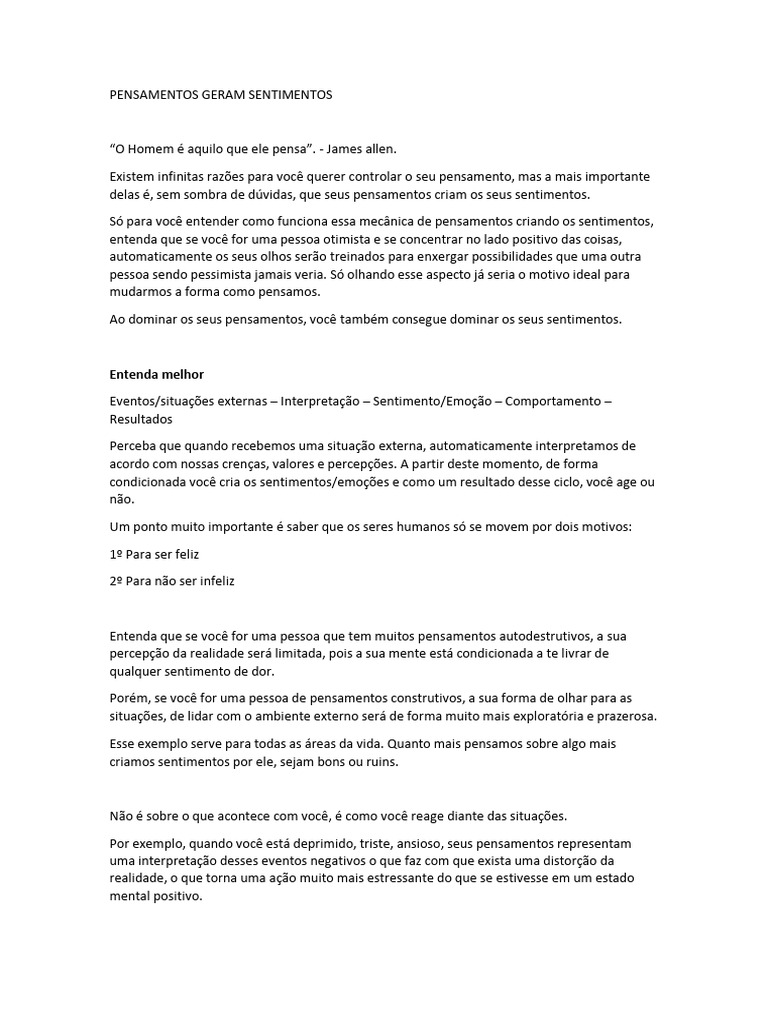 Pensamentos Geram Sentimentos | PDF