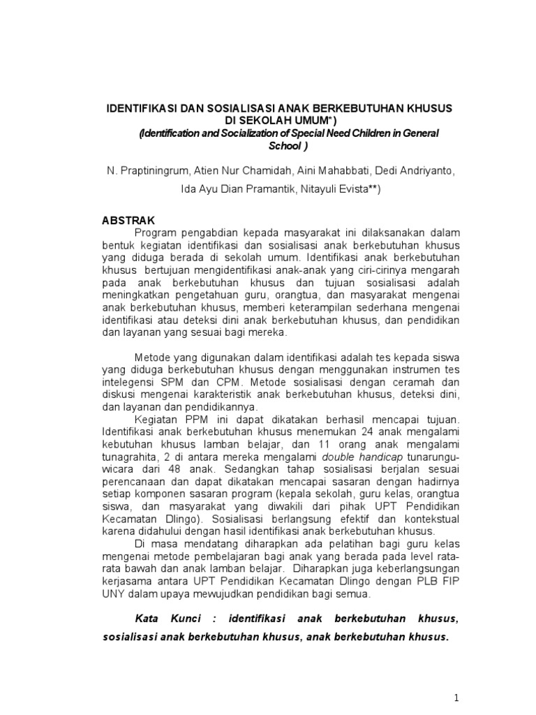 Penelitian Identifikasi Dan Sosialisasi Anak Berkebutuhan Khusus Di Sekolah Umum