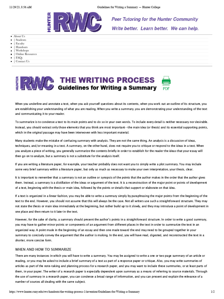 Guidelines For Writing A Summary - Hunter College | PDF