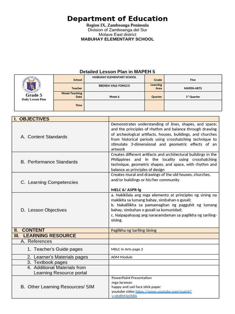 MAPEH 5 Detailed Lesson Plan: Arts | PDF | Cognition | Teaching
