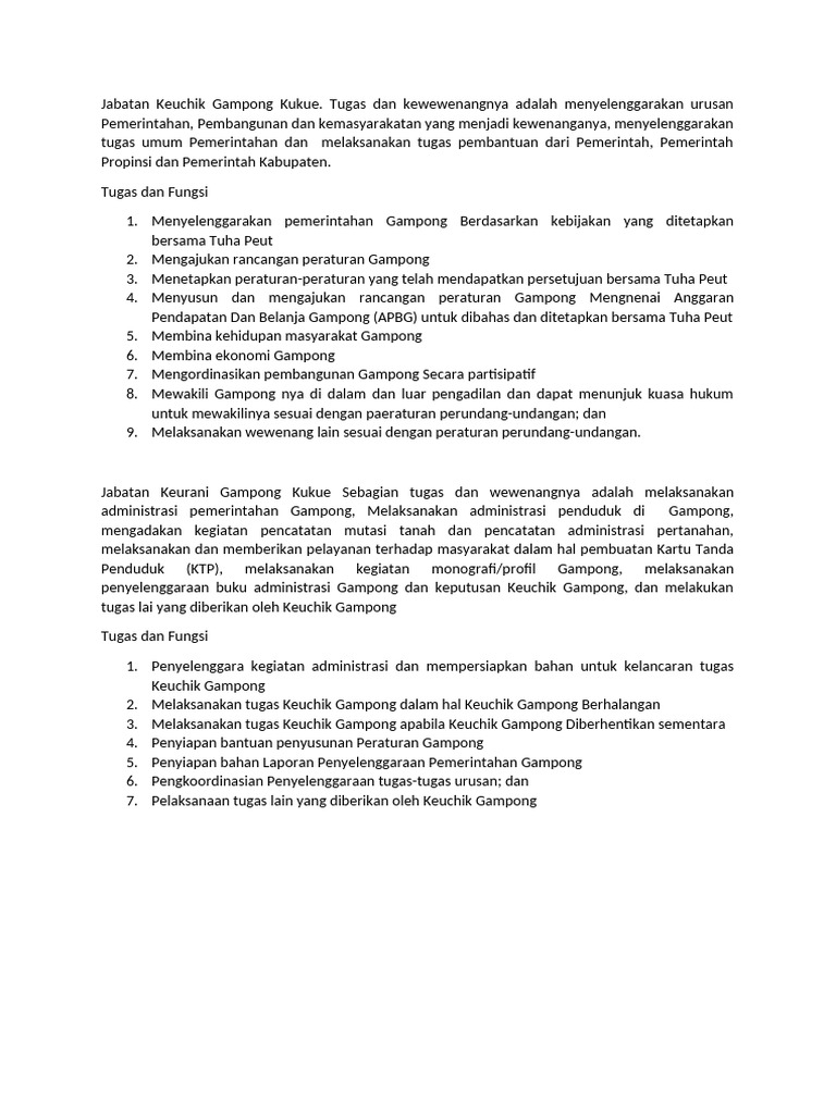 Jabatan Keuchik Gampong Kukue | PDF