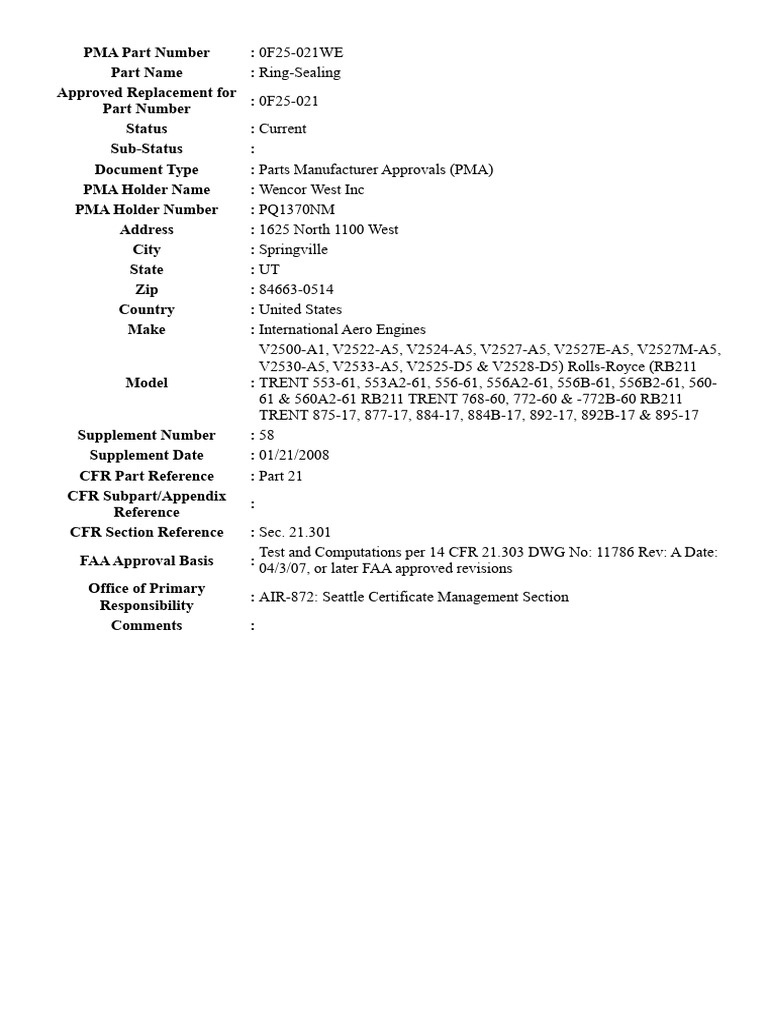Faa Pma Approval - PN 0f25-021we | PDF