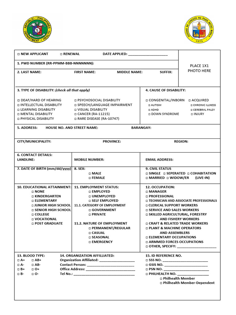 PWD ID Application Form 2023 - 2024 | PDF