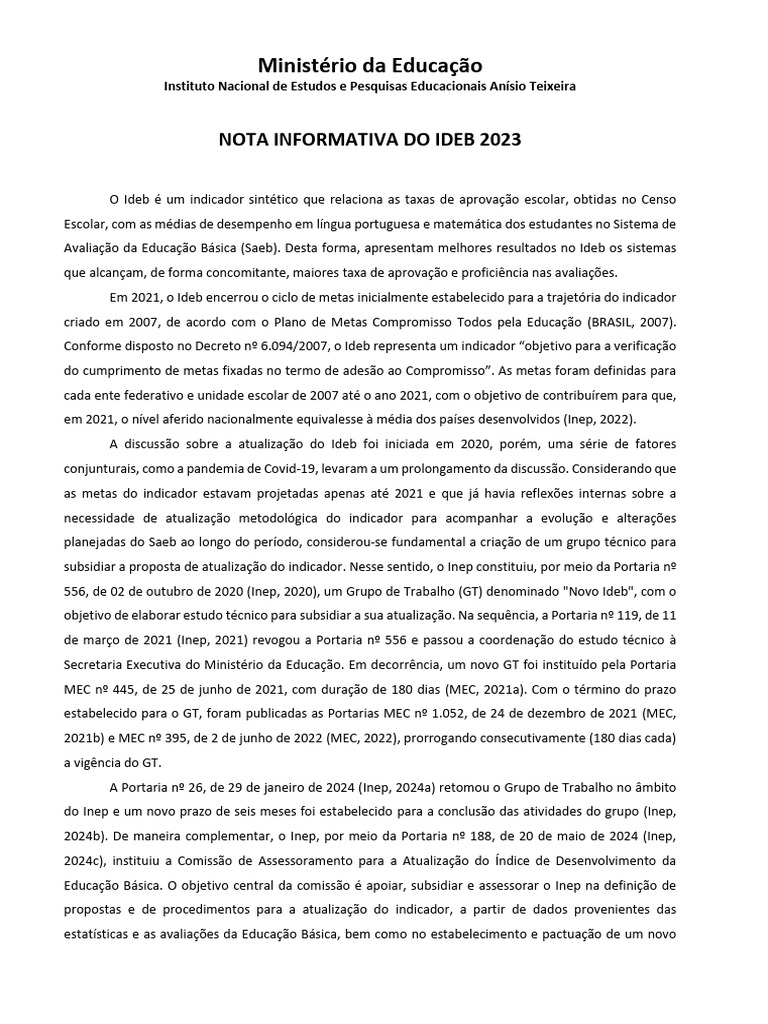 Nota Informativa Ideb 2023 | PDF