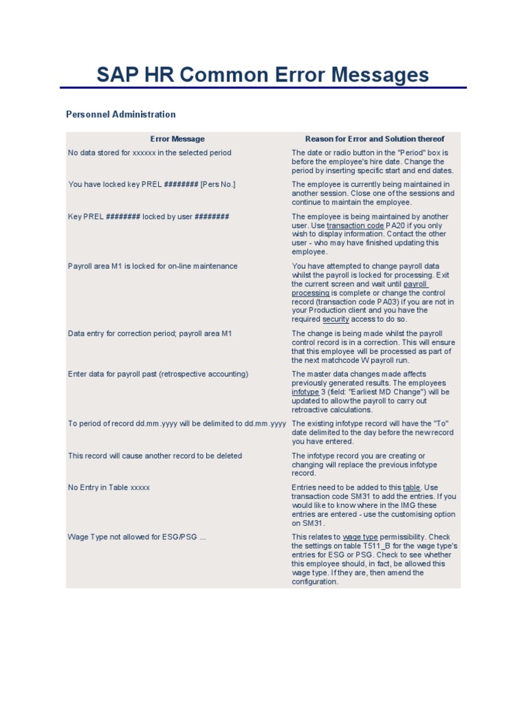 SAP HR Common Error Messages Payroll Wage