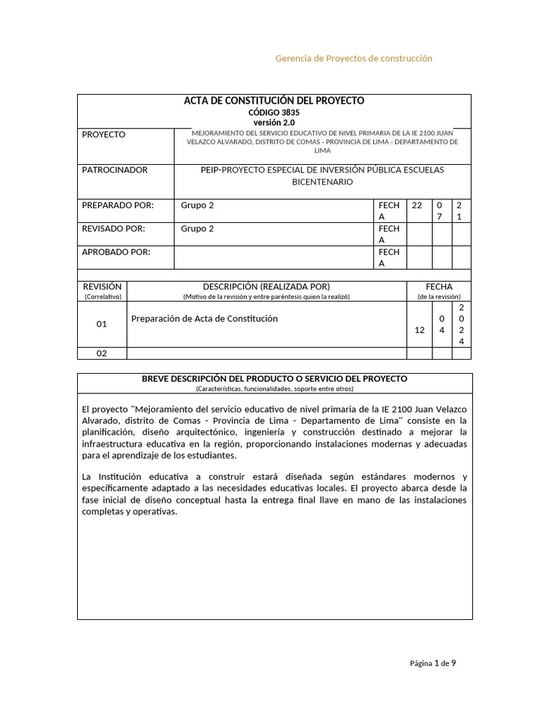 Acta de Constitucion Del Proyecto - Plantilla | PDF