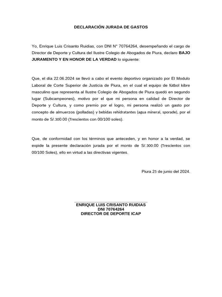 Modelo De Declaracion Jurada De Gastos 2018 Varios Modelos Images/carta ...