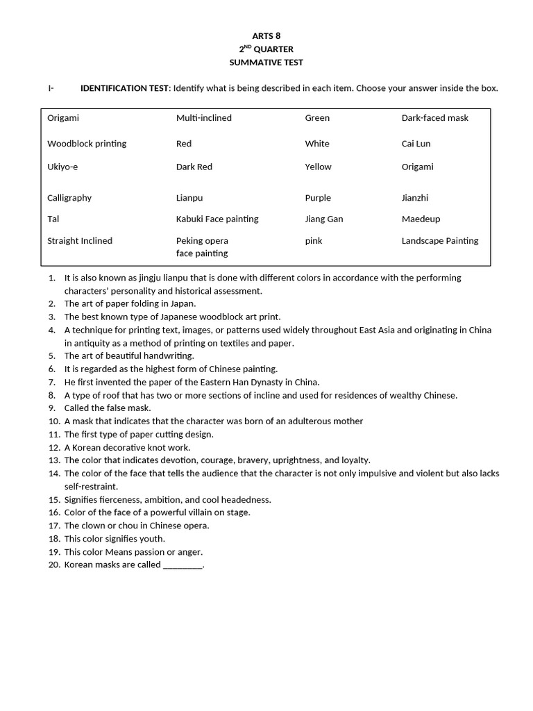 Arts Summative Test Pdf