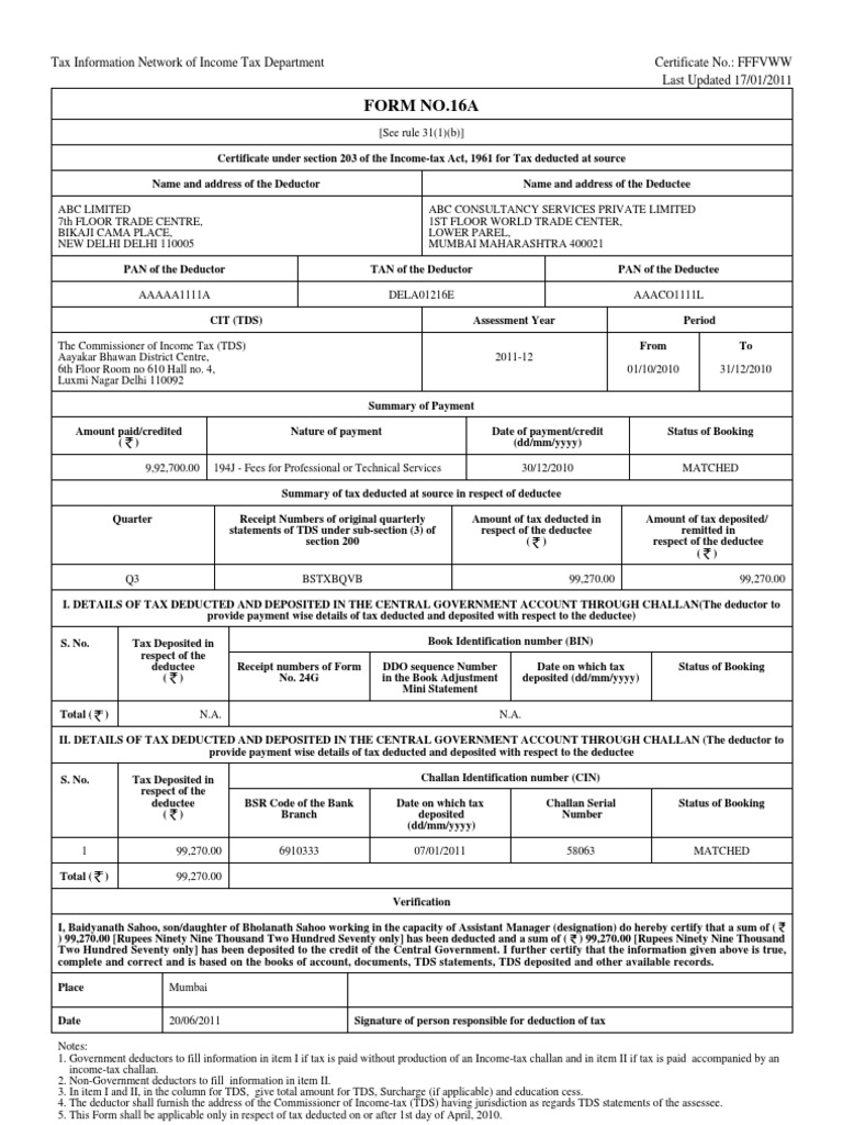 Aaaco1111l Form16a 2011-12 Q3 | PDF | Government Finances | Taxes