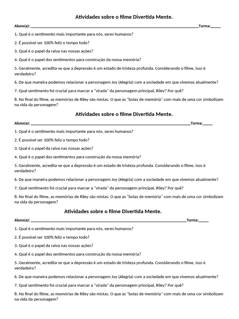Atividades Sobre o Filme Divertida Mente | PDF