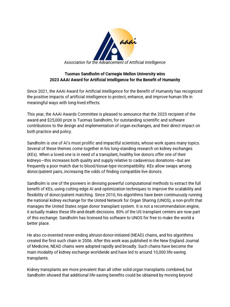 Revised - 2023 AAAI Award For Artificial Intelligence For The Benefit ...
