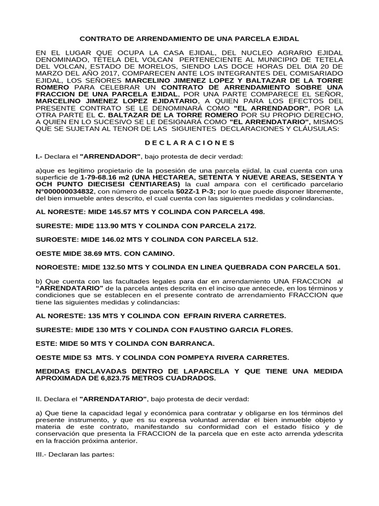 Contrato de Arrendamiento Parcela Ejidal | PDF