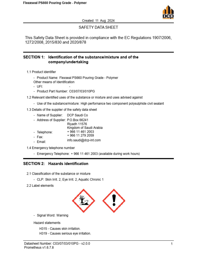 Flexseal PS660 - Pouring Grade - Polymer - MSDS - 2 | PDF