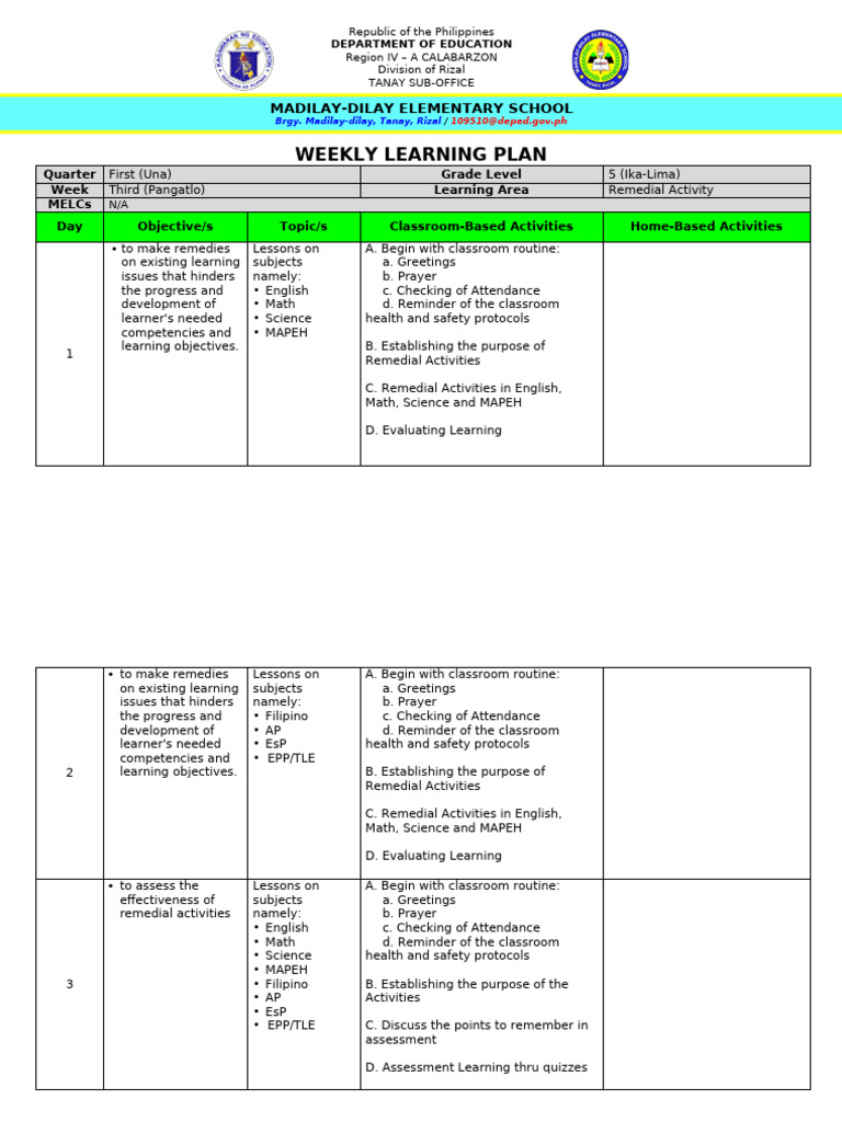 Grade 5 Weekly Learning Plan: Remedial Activities | PDF | Learning ...