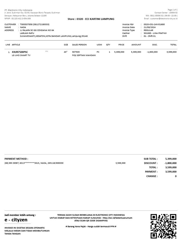 Invoice Pembelian LG UHD TV di ECI | PDF