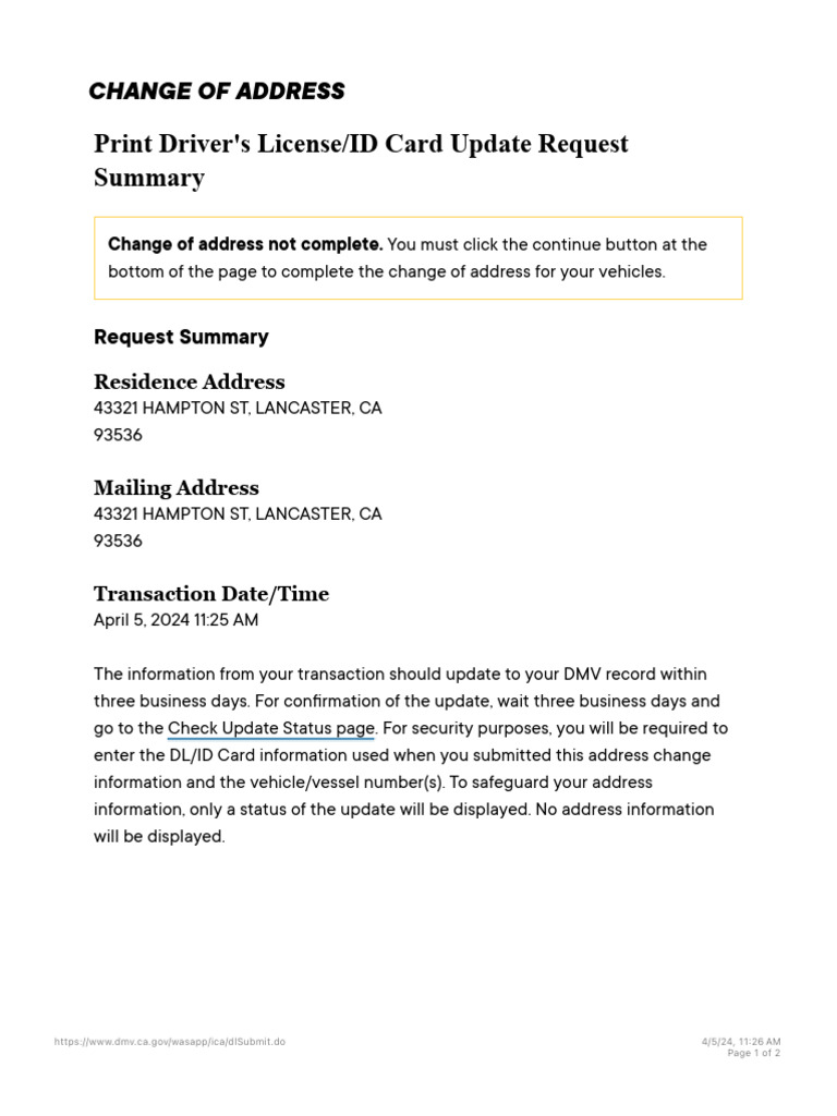 Change of Address Driver LicenseID Card PDF