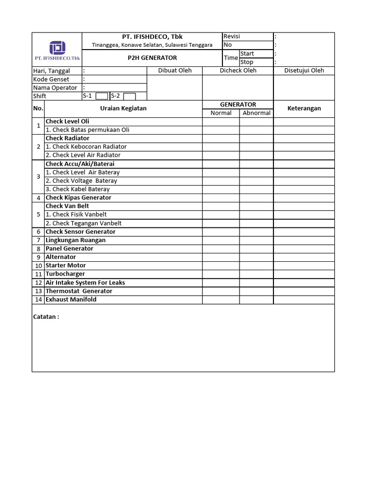 P2H Genset Maintenance Checklist | PDF | Technology & Engineering