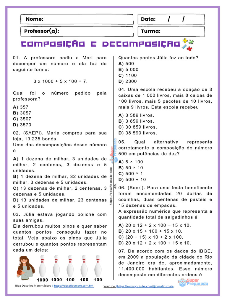 Composição e Decomposição - Atividade 4º Ano | PDF