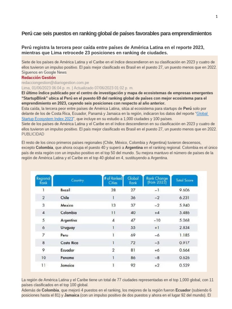 Perú cae en ranking de emprendimiento 2023 | PDF | America latina ...