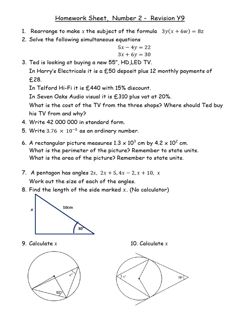 Y9 revision homework sheet number 2 pdf