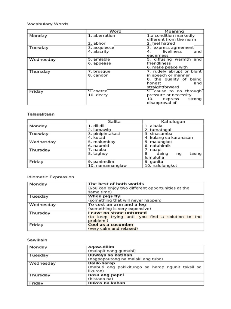 Vocabulary Words Pdf