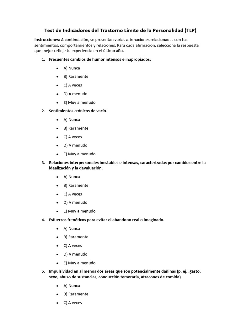 Test de Indicadores del TLP | PDF | Trastorno límite de la personalidad ...
