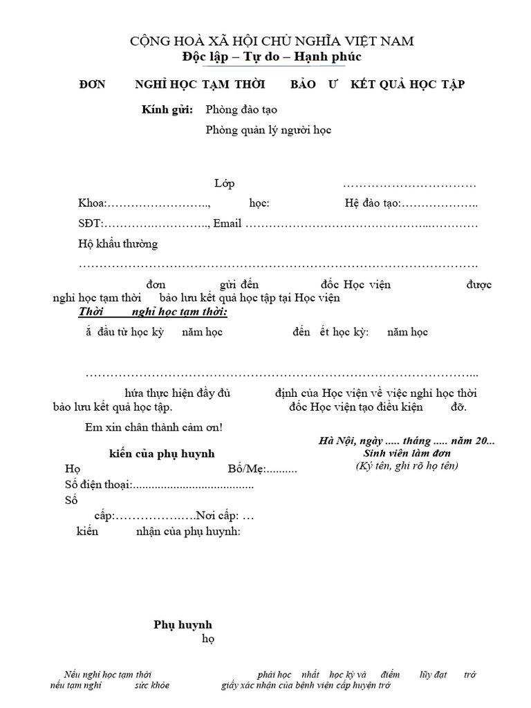 Mau don xin nghi hoc tam thoi va bao luu ket qua hoc tap pdf