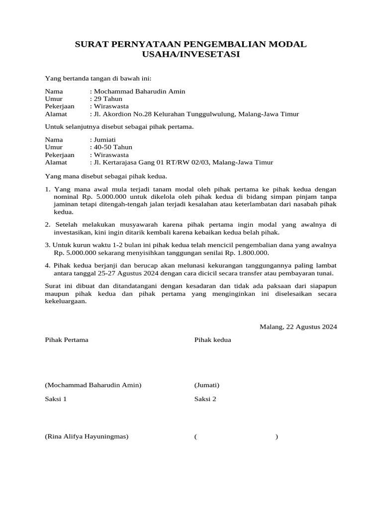 Surat Pernyataan Pengembalian Modal Usaha | PDF