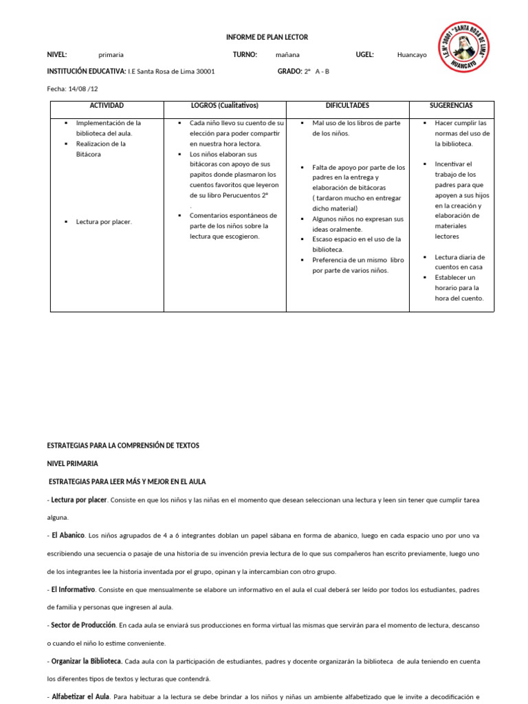 Informe De Plan Lector Actividad Logros Pdf