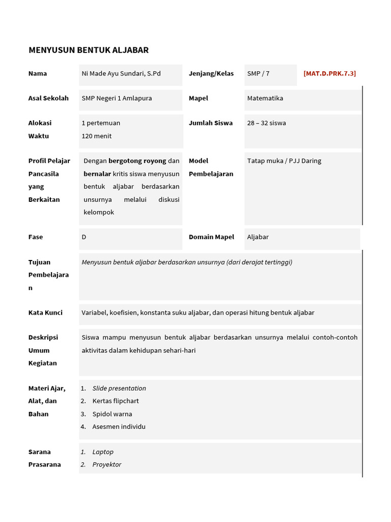 Modul Ajar Matematika Kelas 7 Aljabar Pdf