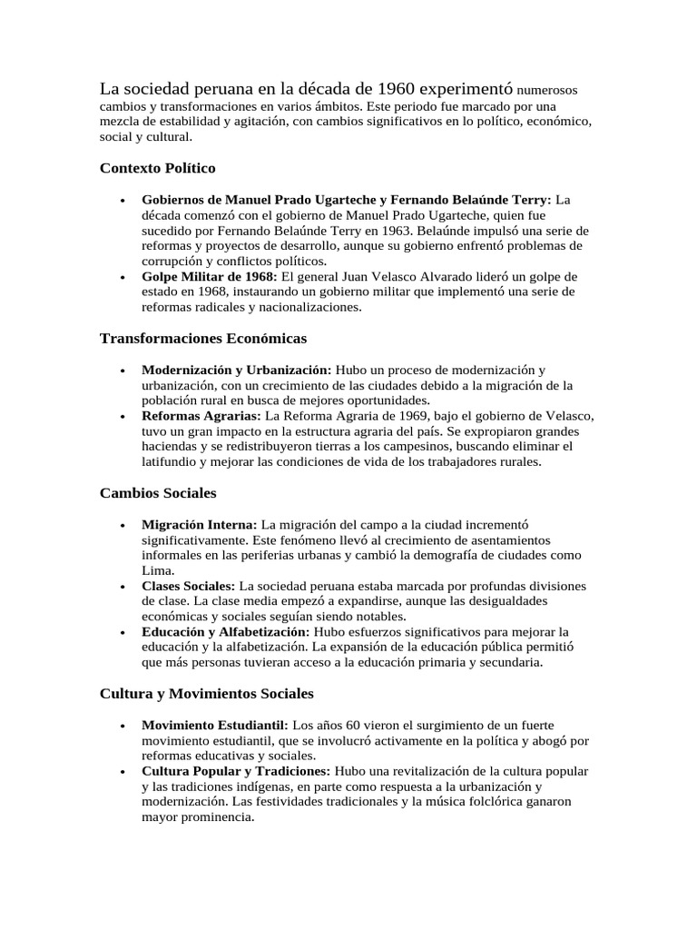 La Sociedad Peruana en La Década de 1960 Experimentó Numerosos Cambios ...