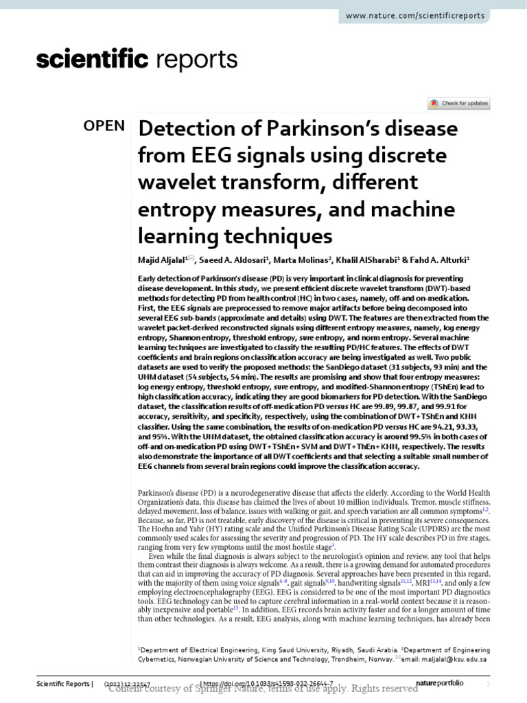 Detection of Parkinsons Disease From EEG Signals | PDF