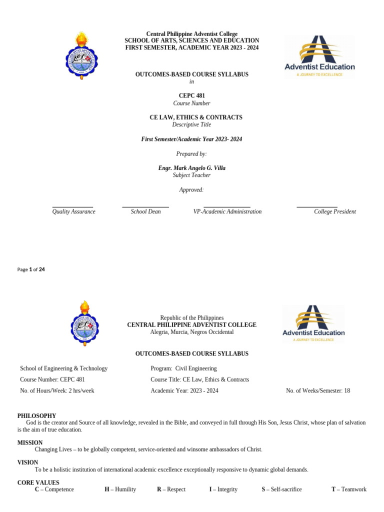 Syllabus CEPC 481 CIVIL ENGINEERING LAW ETHICS AND CONTRACTS | PDF ...