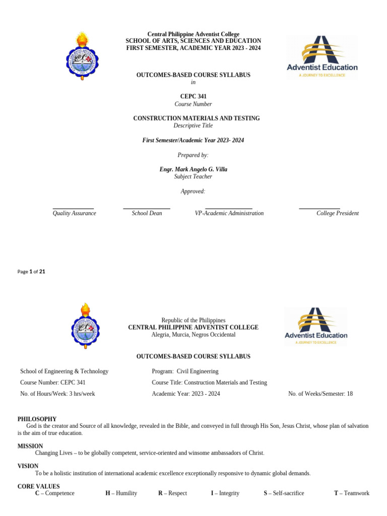 Syllabus CEPC 341 CONSTRUCTION MATERIALS AND TESTING | PDF ...