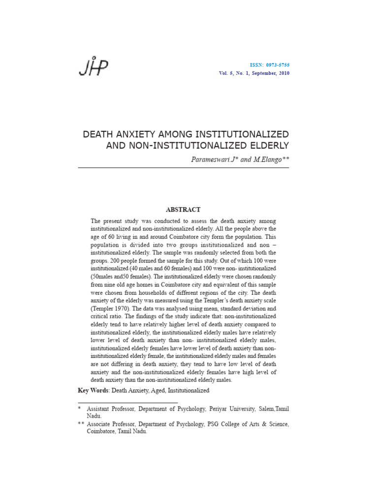 Death Anxiety Among Inst N Non Institu Elderly | PDF