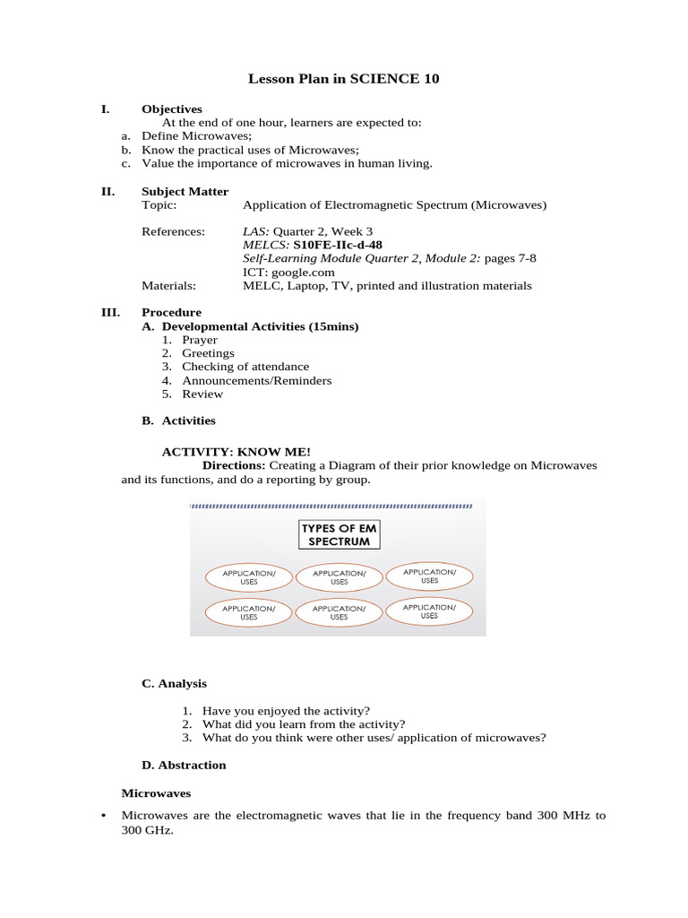Lesson Plan in Science 10 | PDF | Microwave | Electromagnetic Radiation