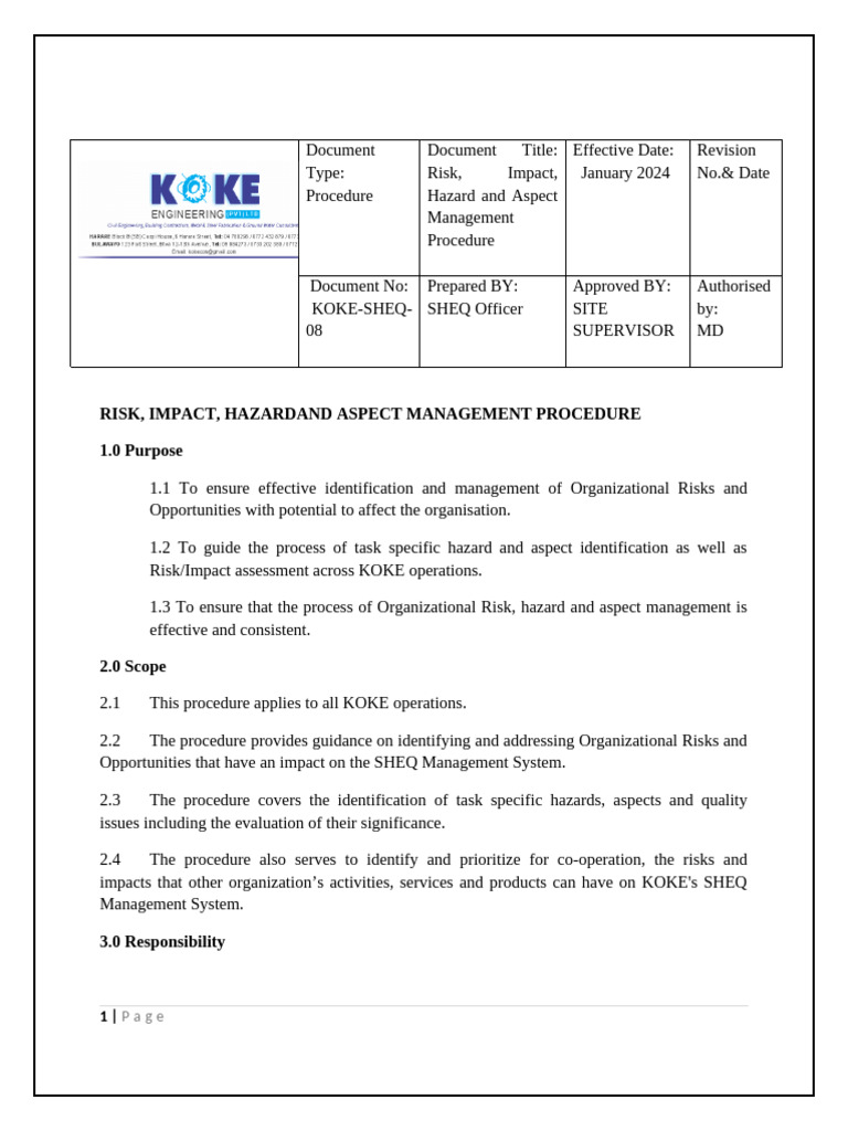 Risk Impact Hazard Aspect Management Procedure | PDF