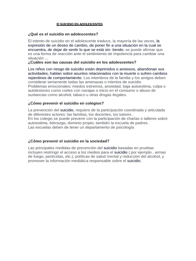 El SUICIDIO EN ADOLESCENTES | PDF