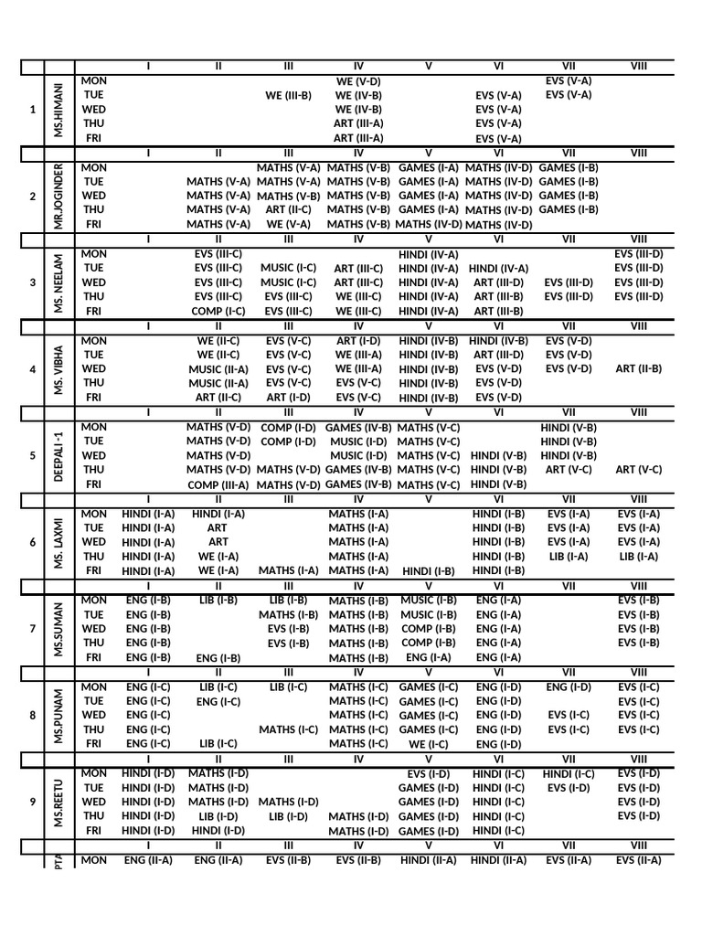 New Time Tble PRT Final | PDF
