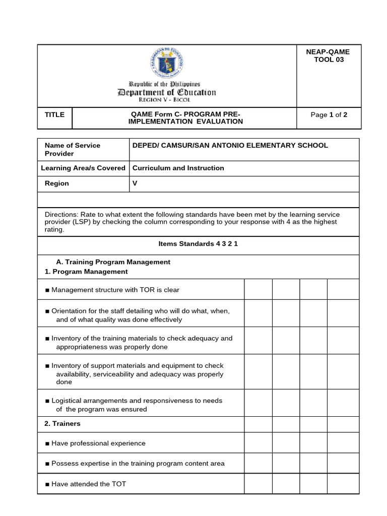 NEAP-QAME TOOL 03 - QAME Form C - PROGRAM PRE - IMPLEMENTATION ...