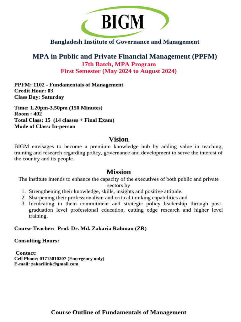 MPA PPFM Fundamentals of Management Course | PDF | Leadership | Motivation